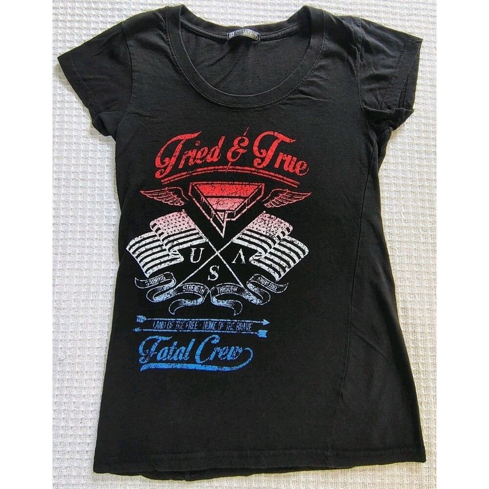 Y2K Tried & True Fatal Crew Red White Blue Tattoo Shirt SS USA Grunge Alt Indie